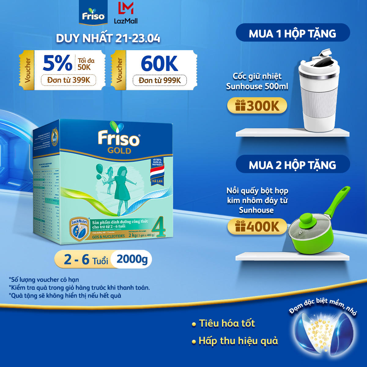 [21- 23/4 VOUCHER ĐẾN 1 TRIỆU] [HSD: 10/2025] Sữa Bột Friso Gold 4 Hộp Giấy 2KG