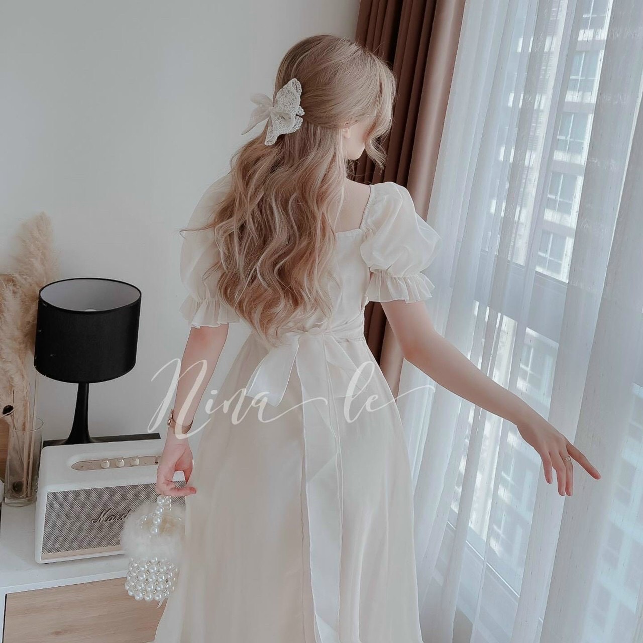 Váy đầm nữ tay phồng xếp ly ngực ( có mút , có nơ)
