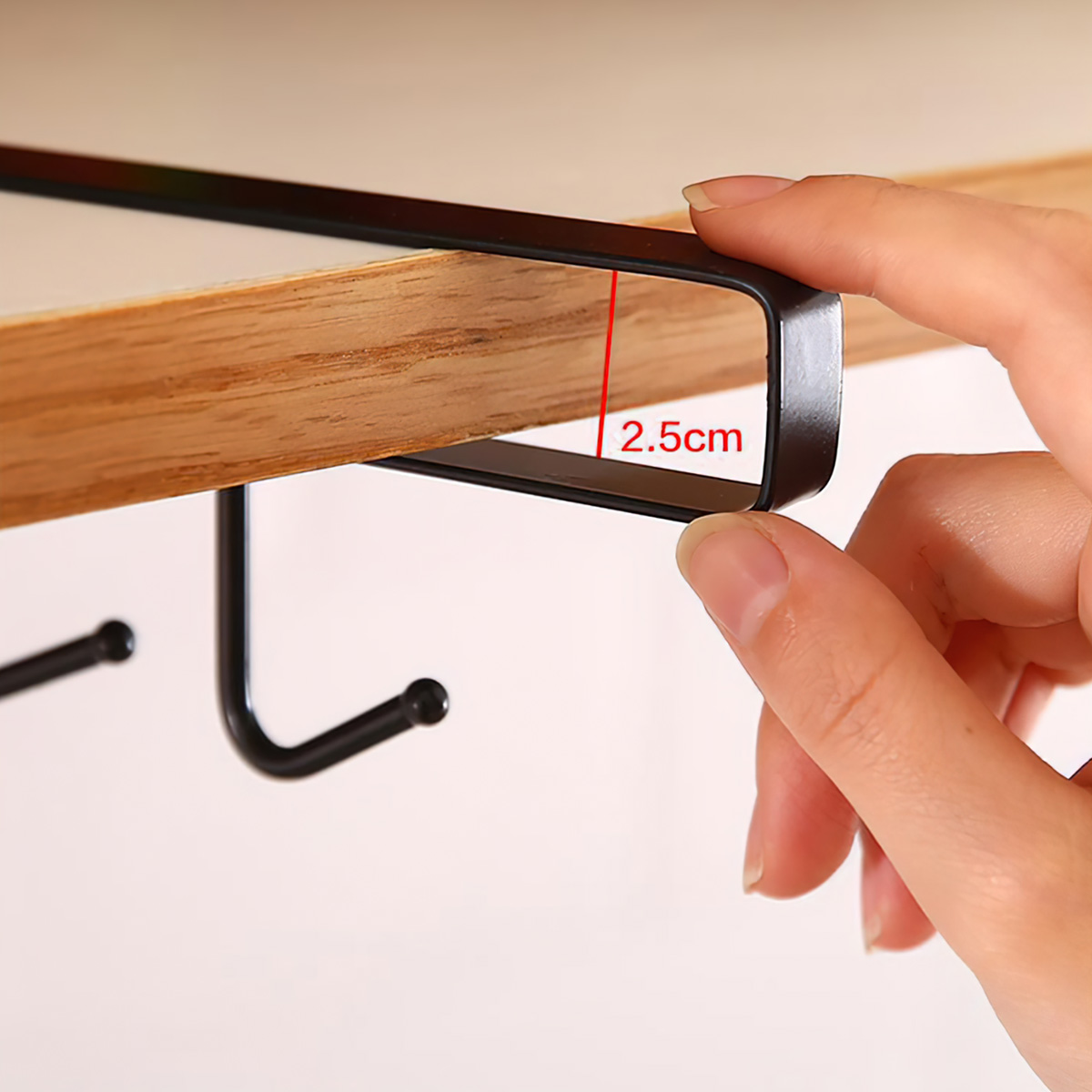 Kitchen Hanger with 6 Hooks Attached to Kitchen Cabinets and Shelves