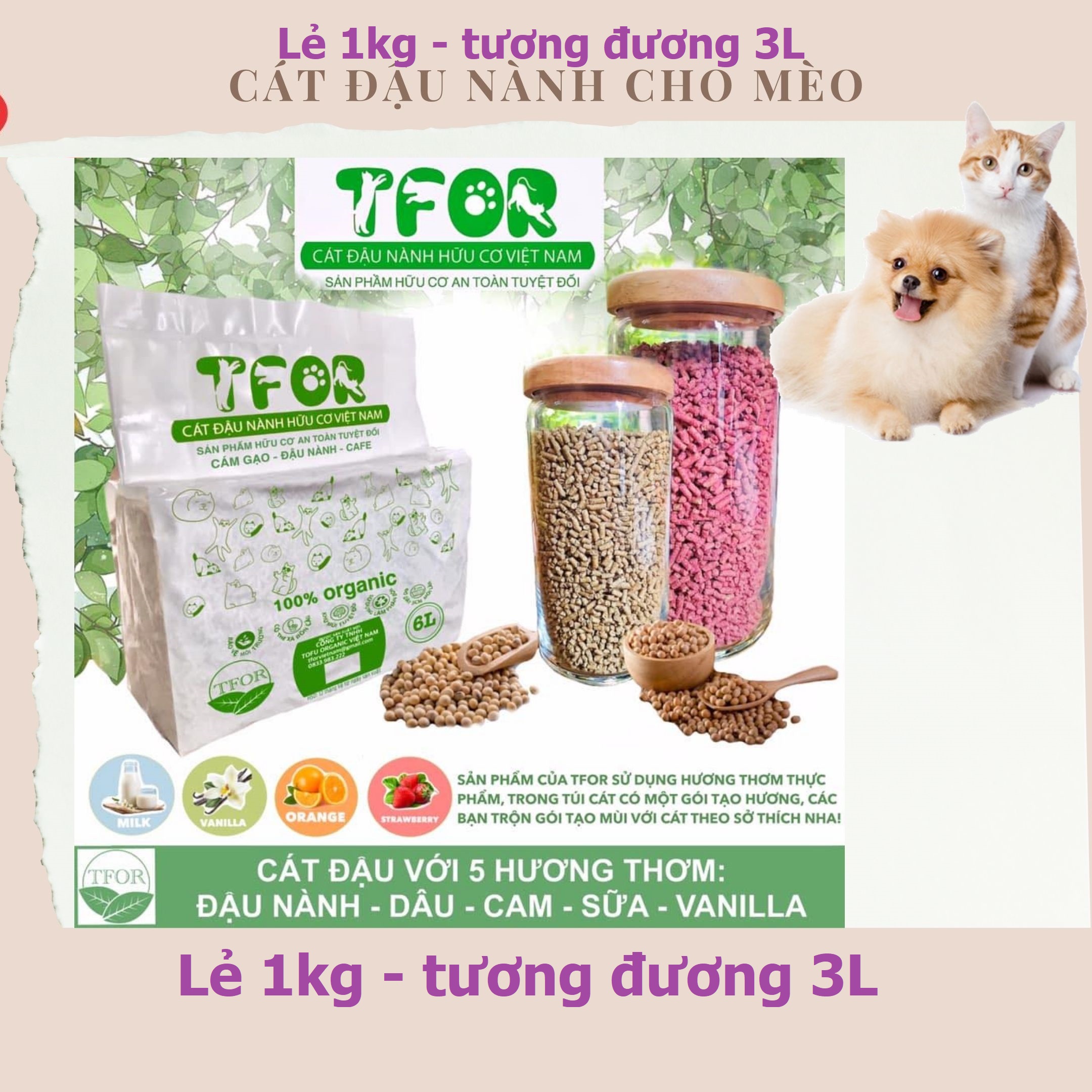Lẻ 1kg gần 3 L Cát đậu nành Tofu hữu cơ TFOR ORGANIC cho mèo XẢ TRỰC TIẾP