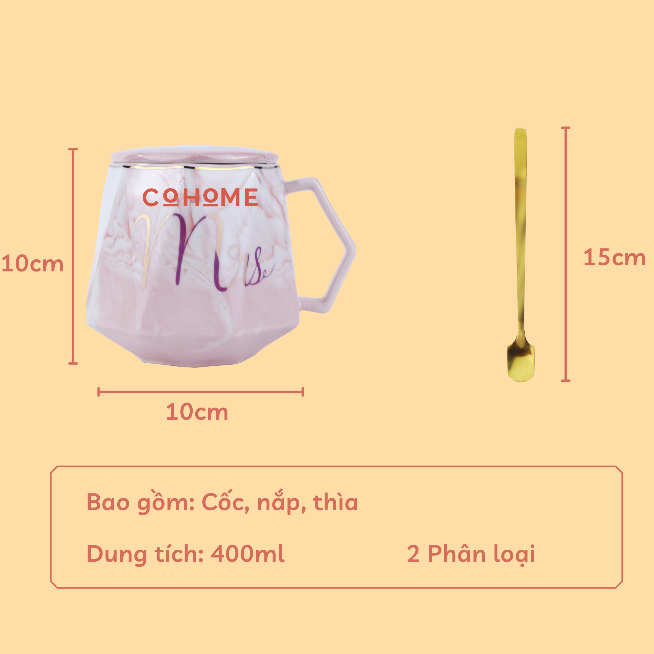 Cốc sứ, ly sứ quà tặng cao cấp Mr-Mrs, dung tích 400ml, có nắp đậy và thìa vàng kèm theo