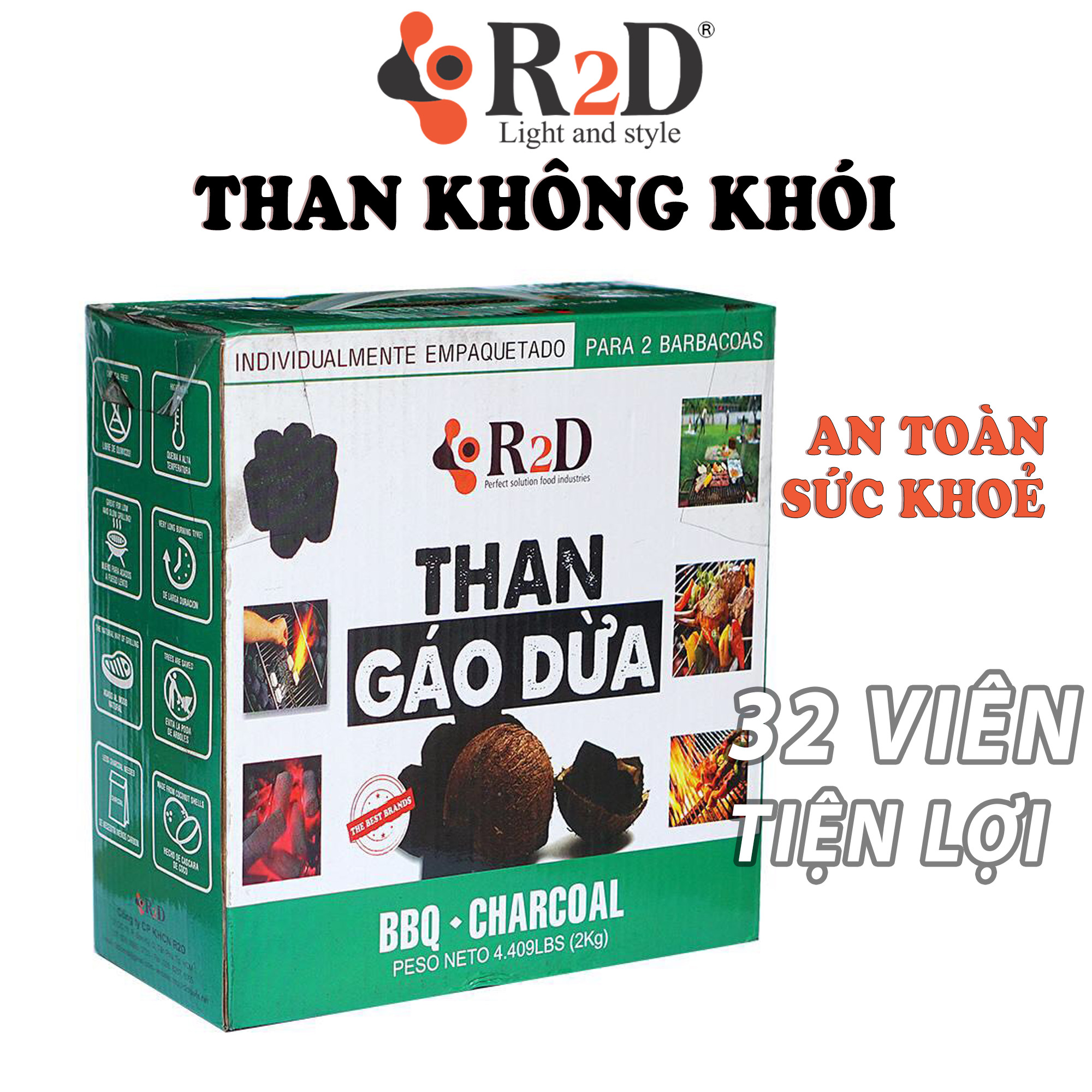 Than nướng không khói R2D hộp 2Kg an toàn cho sức khoẻ