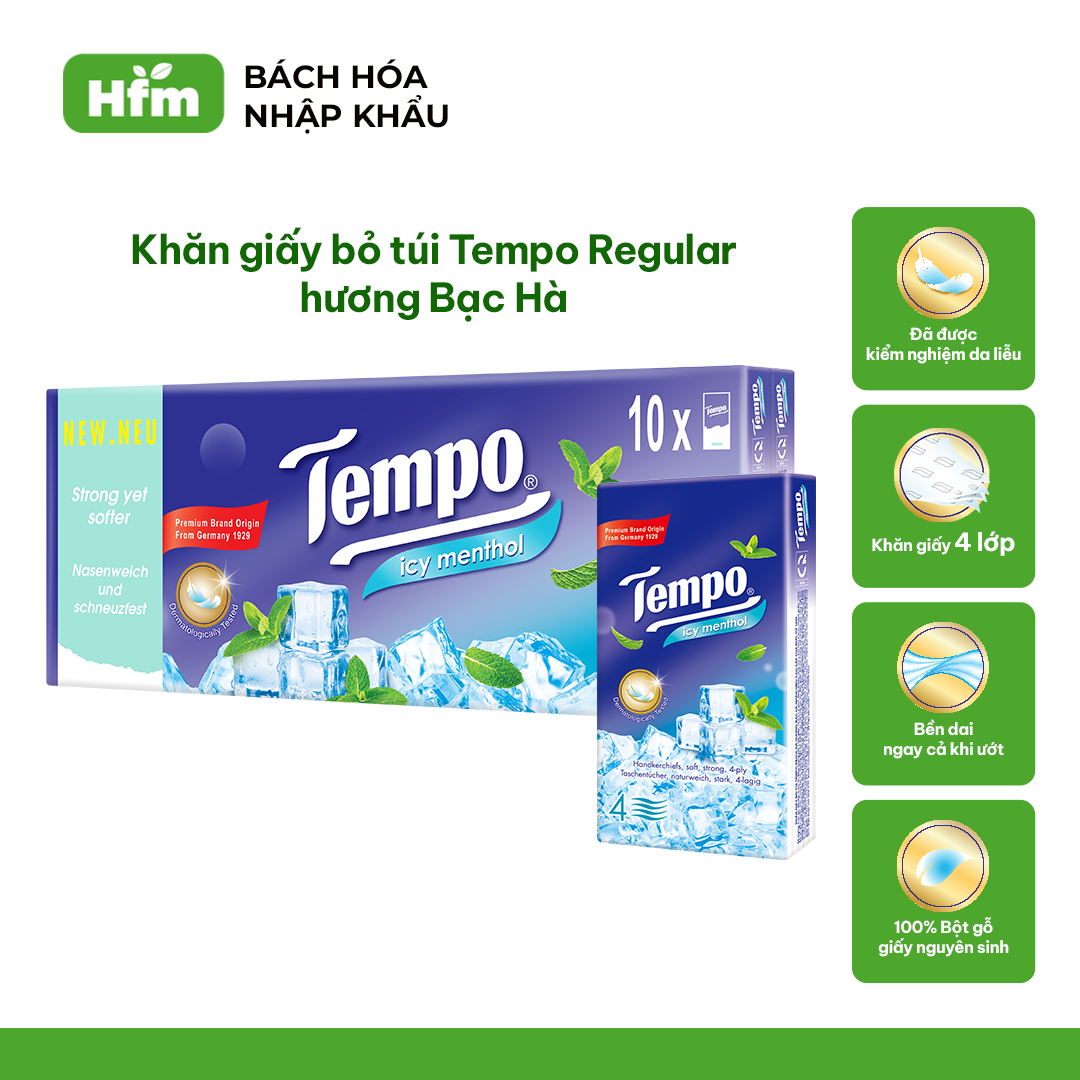 [COMBO 3 LỐC x 10 GÓI] Khăn Giấy Tempo Regular Không Mùi/Bạc Hà (Lốc 10 gói) - Thương Hiệu Đức