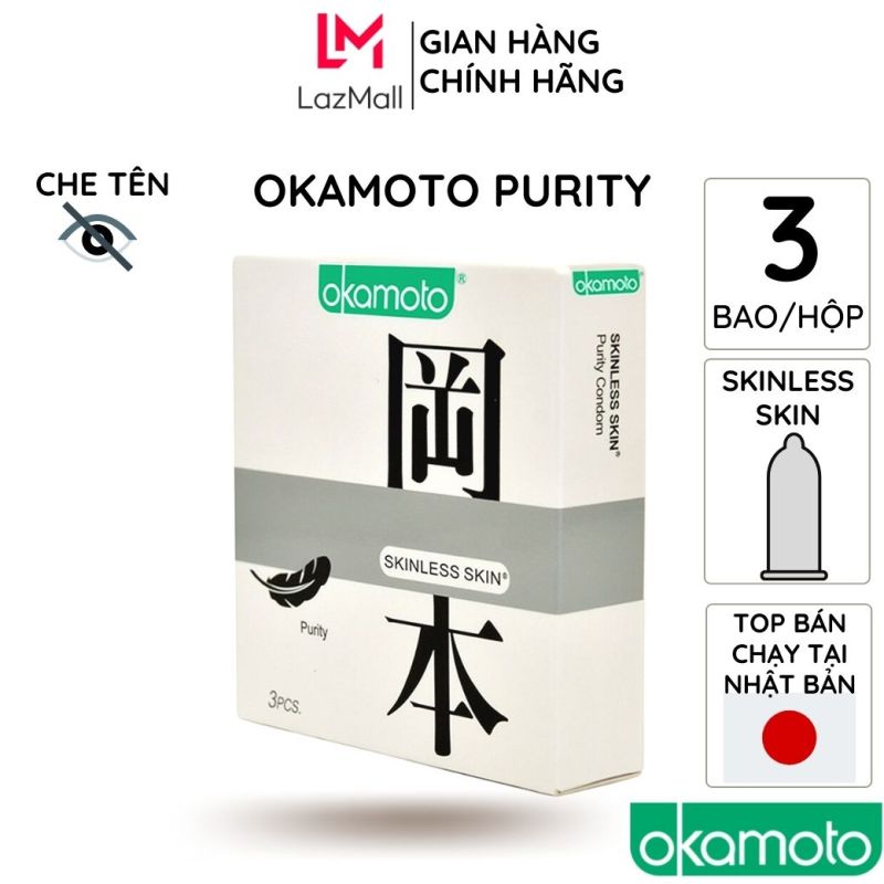 Bao cao su okamoto Skinless Skin Purity 3 bao/hộp trơn không mùi tinh khiết siêu mỏng chống tuột kéo dài thời gian cao cấp