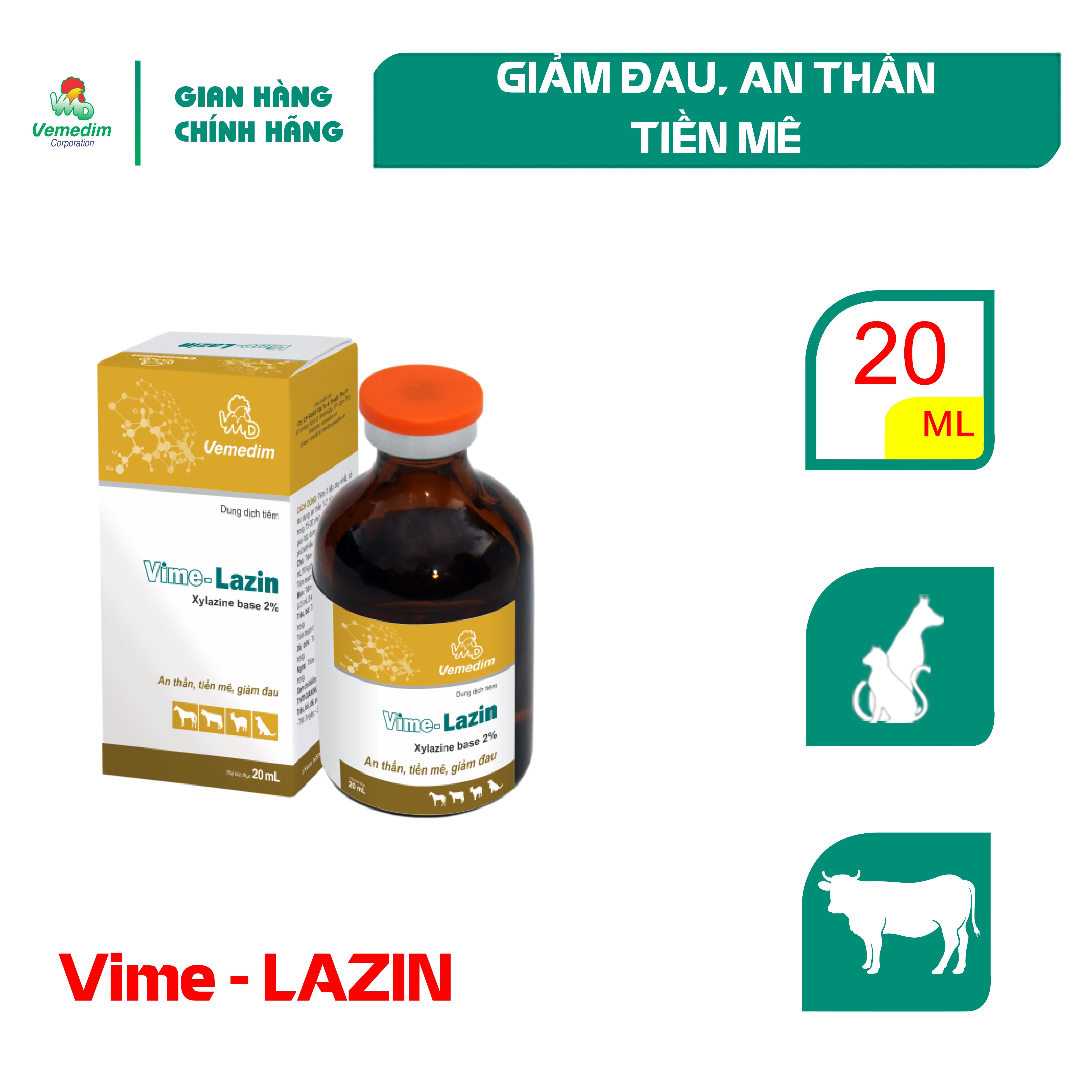 "Hoàn tiền đến 10%" Vemedim Vime-Lazin An thần, tiền mê ở trâu, bò, chó, mèo, chai 20ml