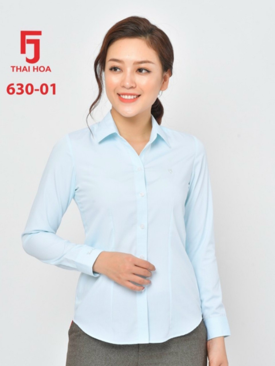 áo sơ mi nữ Thái hòa mã 630 sọc tăm màu xanh ngọc và xanh dương