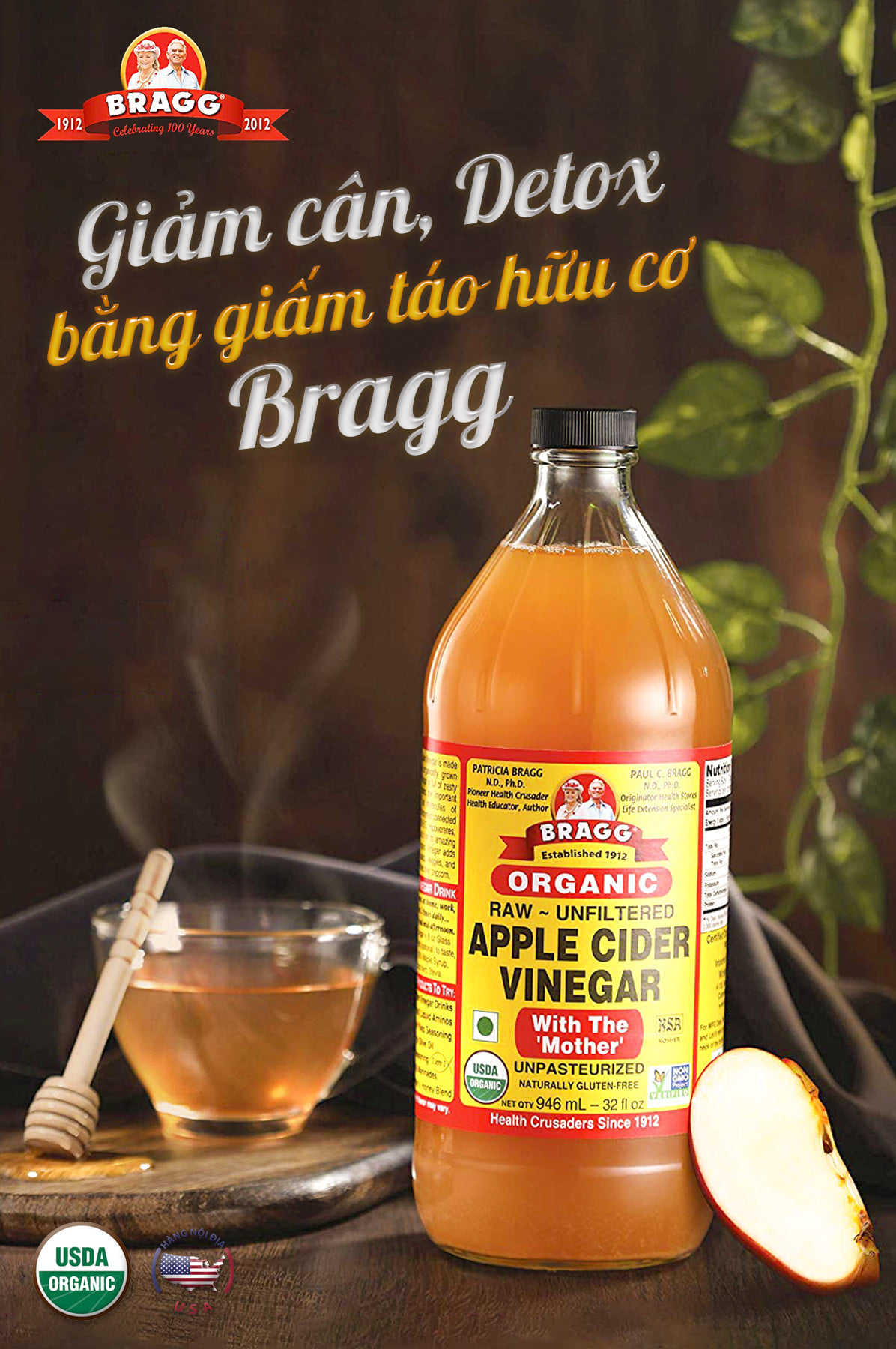 Giấm táo hữu cơ Bragg 473ml - có giấm cái (giấm mẹ)