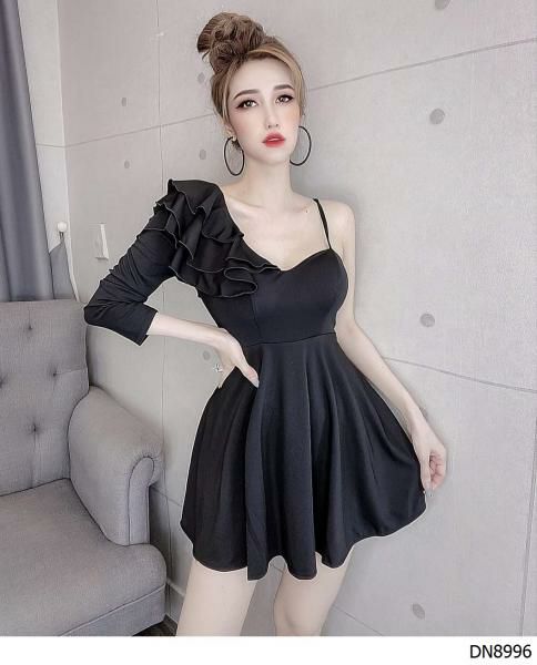 đầm xòe lệch vai phối bèo sang chảnh