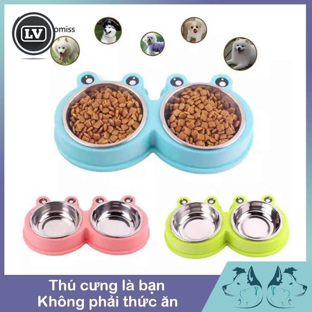 Bát ăn đôi cho chó mèo hình gấu và hình ếch nhiều màu sắc chất liệu nhựa và inox