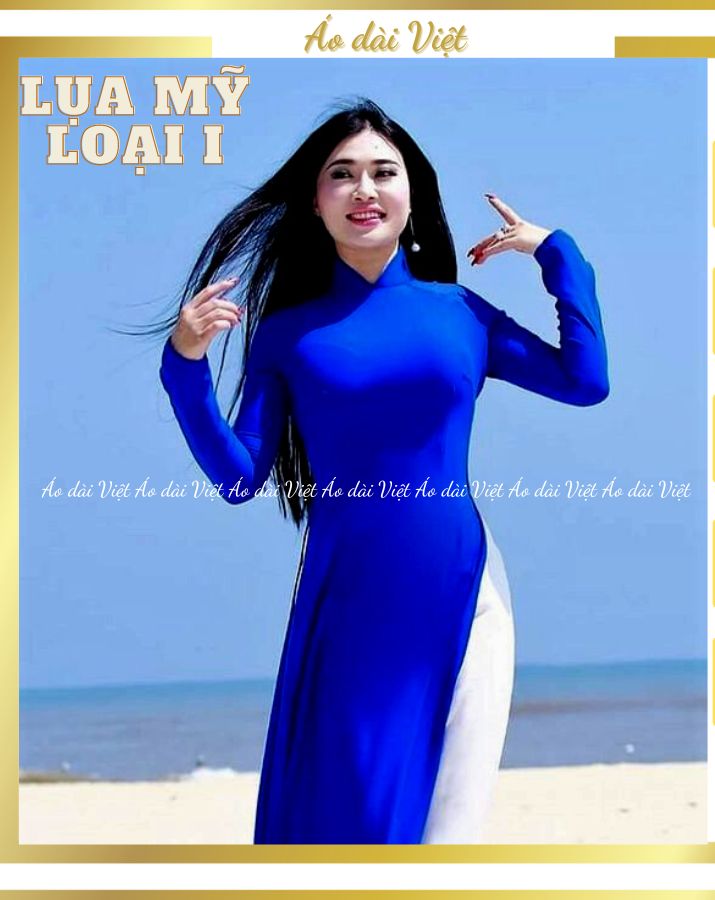 Áo dài xanh dương coban đậm trơn truyền thống may sẵn lụa mỹ cao cấp