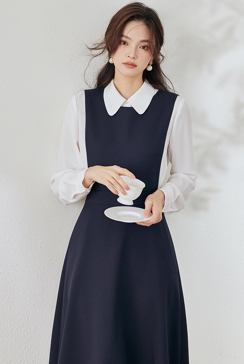 Đầm thiết kế tiểu thư dáng xoè cổ sơ mi trắng