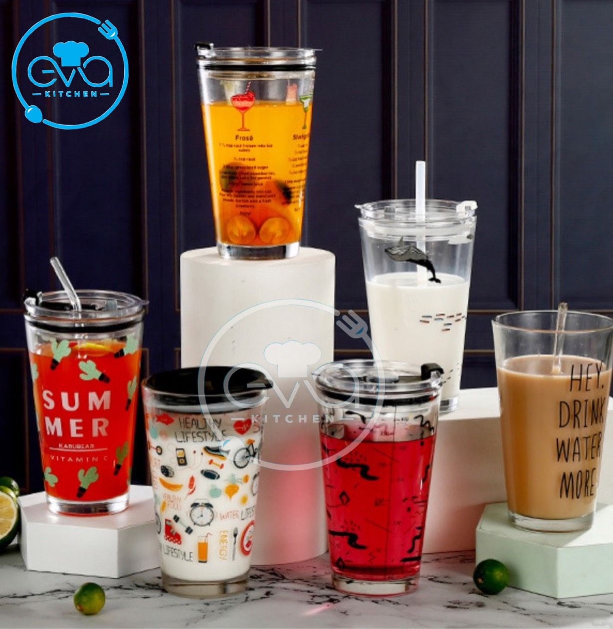 Ly Thuỷ Tinh In Hoạ Tiết Hoạt Hình Có Nắp Đậy Hút Chân Không Kín Hơi 400 Ml Tặng Kèm Ống Hút Thuỷ Tinh An Toàn M2682