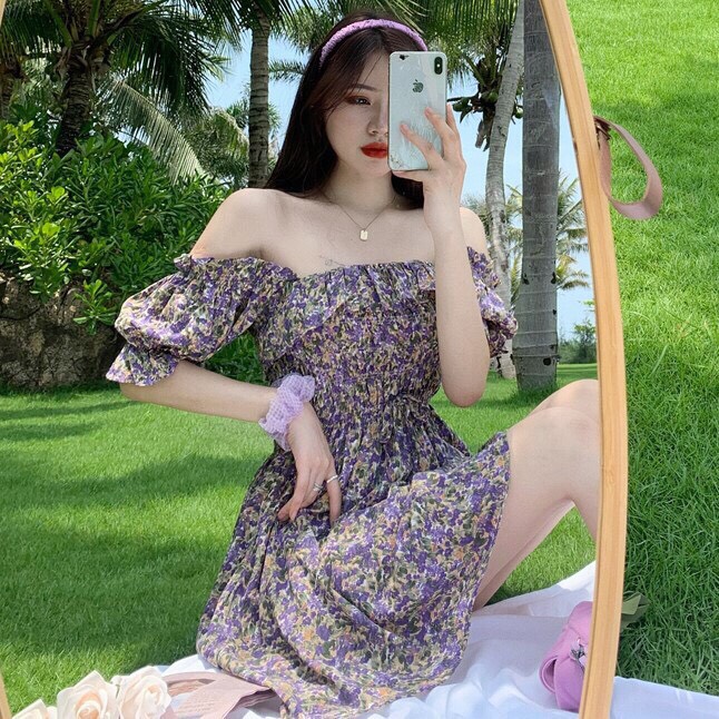 Đầm Lụa Xòe  Hoa Nhí Trễ Vai Gợi Cảm TTSA0544