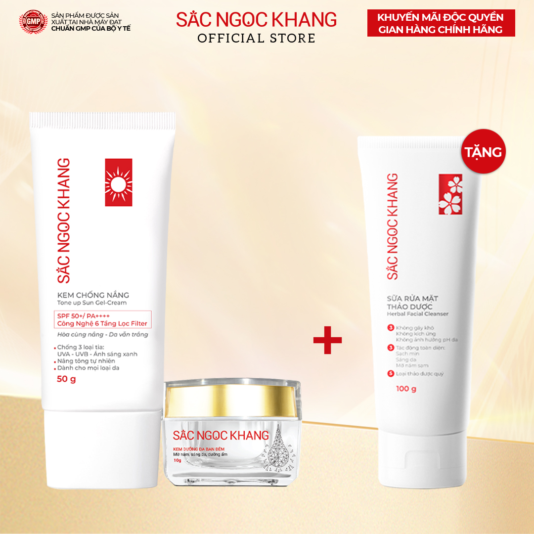 Combo chăm sóc da ngày và đêm gồm Kem dưỡng ban đêm 10g và kem chống nắng Sắc Ngọc Khang 50g II