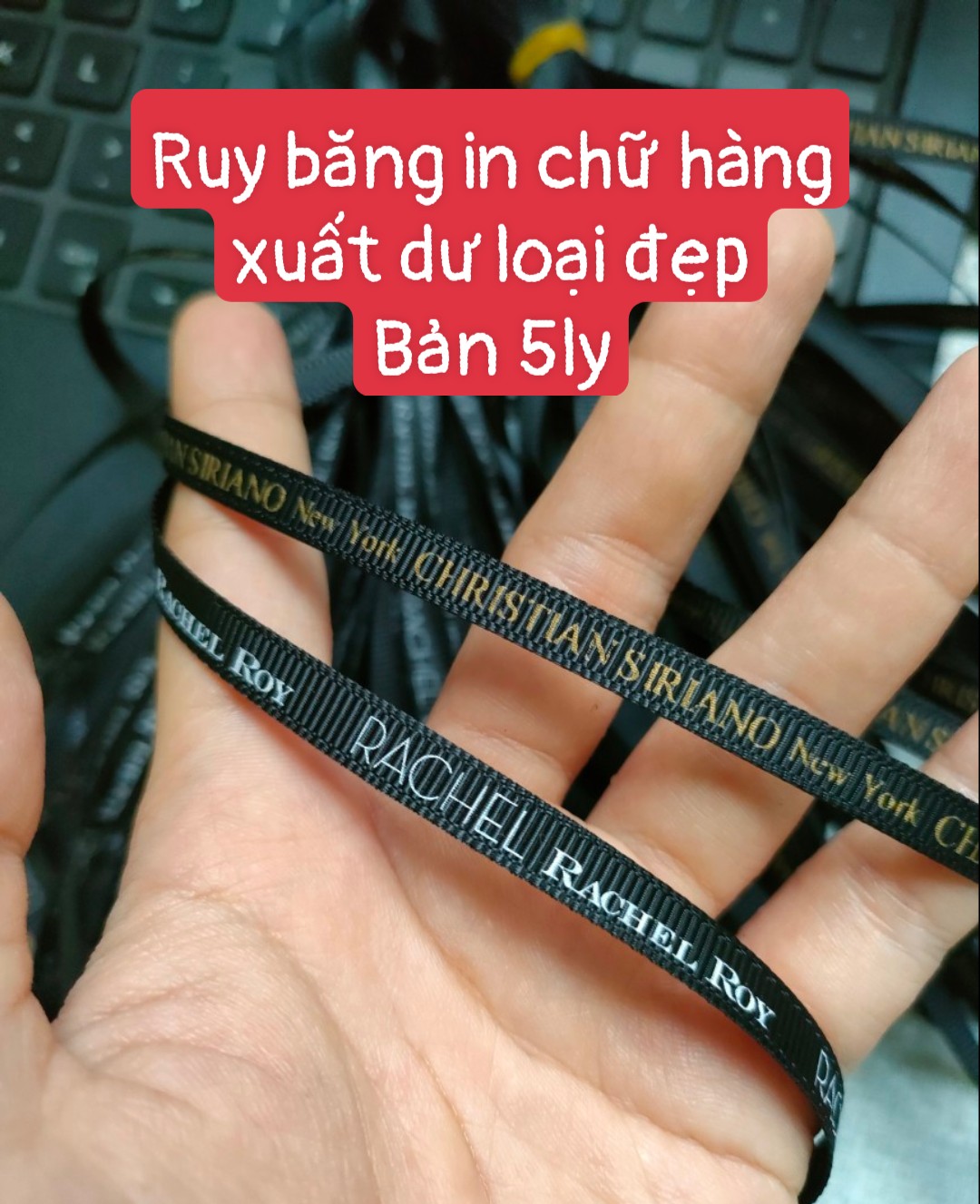 Dây ruy băng in chữ hàng đẹp bản 5ly màu đen