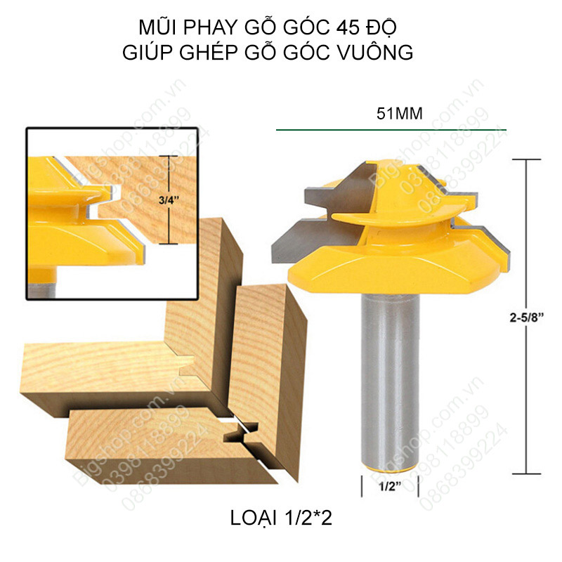 Mũi phay gỗ góc 45 độ giúp ghép gỗ góc vuông cốt 1 / 2 inch ( trục 12.7mm)
