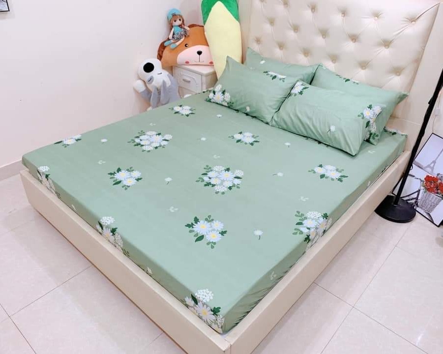 Bộ ga gối cotton Việt cúc xanh bo chun đủ kích thước