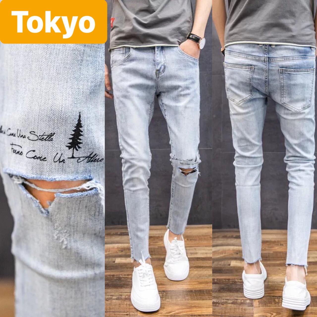 QUẦN JEAN NAM CHẤT BÒ XANH THÊU CÂY THÔNG NÚI FUSI NỔI TIẾNG TO-6090 - TOKYO FASHION