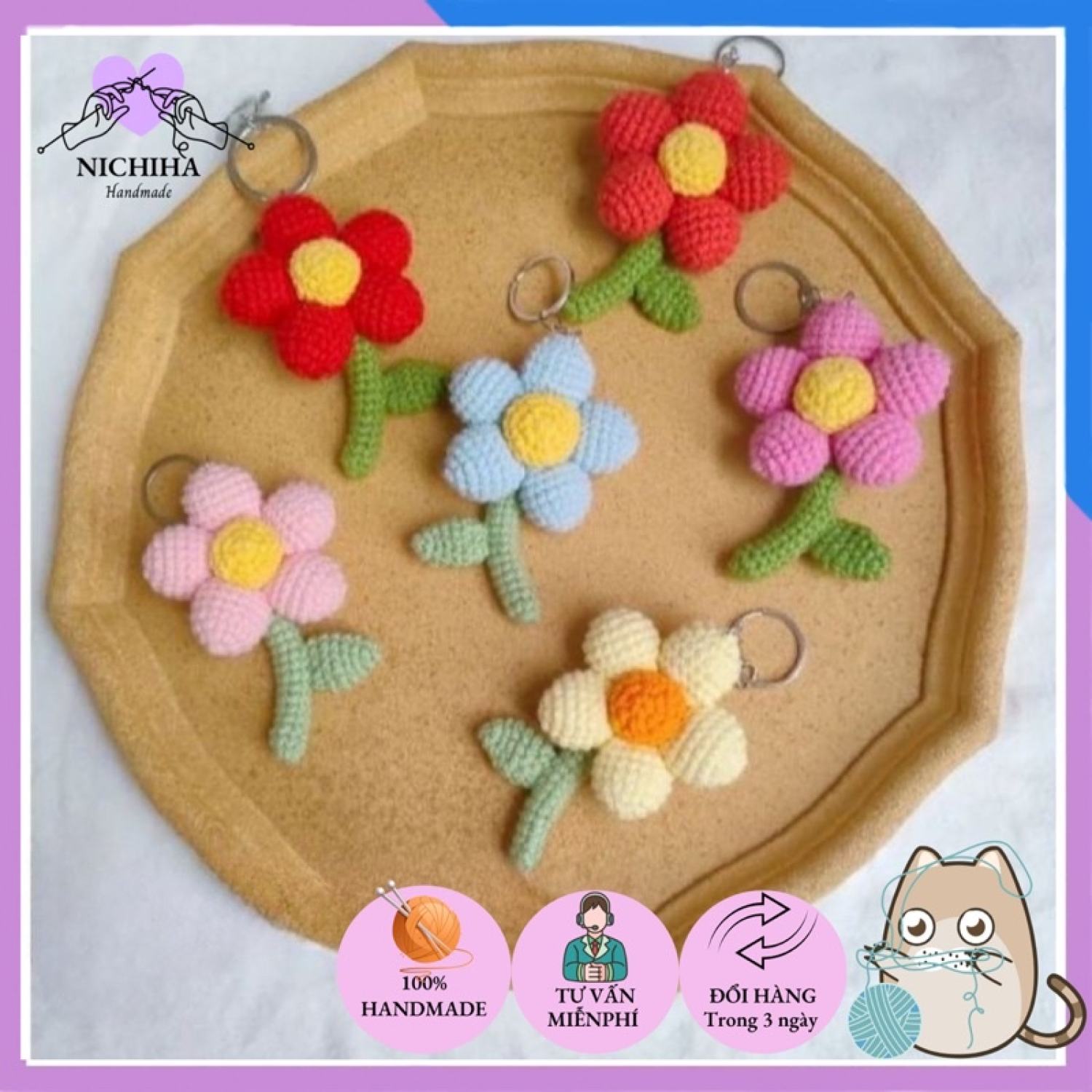 Móc khóa len bông hoa làm thủ công bằng tay handmade 100%