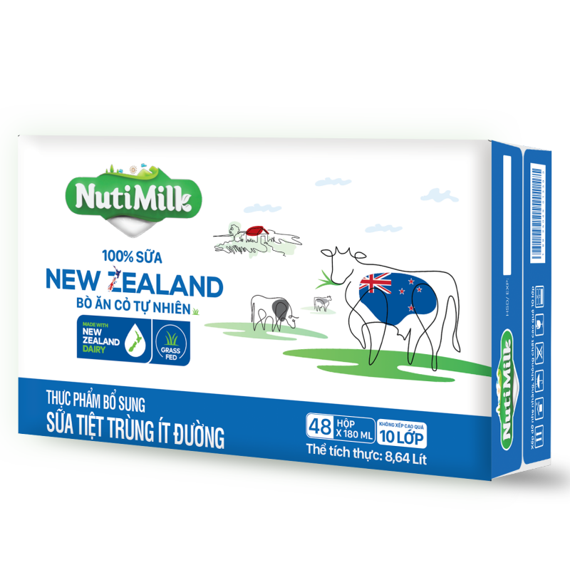Thùng 48 Hộp NutiMilk 100% Sữa New Zealand Bò ăn cỏ tự nhiên Ít đường