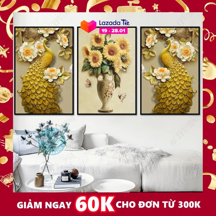 Bộ 3 tranh dán tường VTC Chim công và hoa hướng dương PPKS-OP-16673822 KT 35 x 50 cm x 3 bức Kim sa