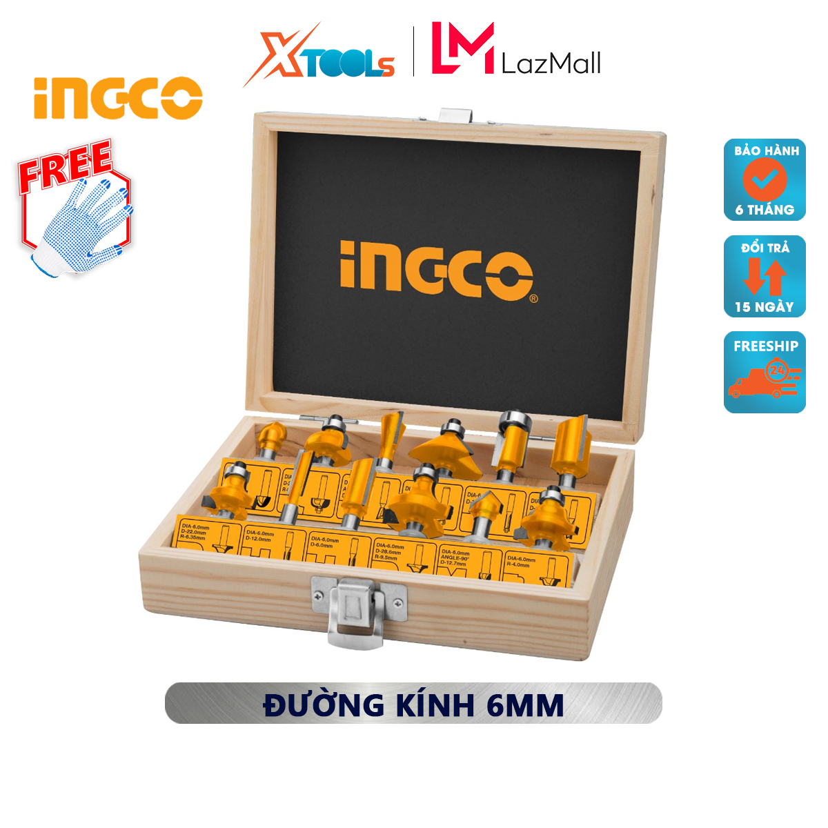 Set 12 nose milling Wood ingco AKRT12141 set wood milling cutter 12 details diameter 6.3mm tip, cut, drill, carving metal material, wood