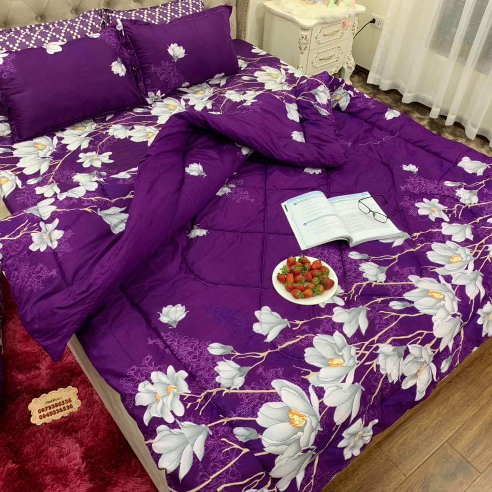 Set Vỏ Chăn Ga Gối Cotton Poly Mẫu Lan Tím
