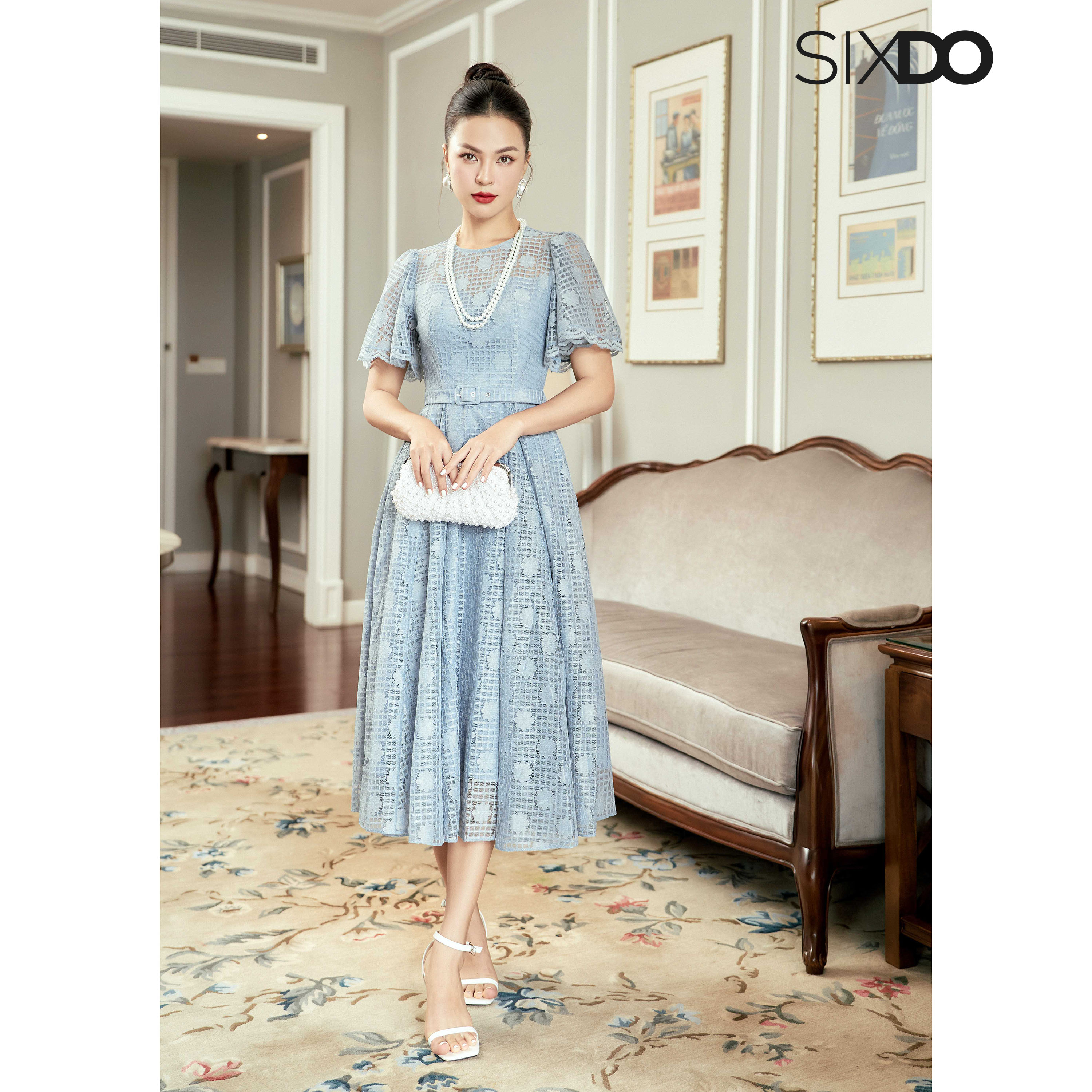 Đầm ren xanh xám tay phồng SIXDO (Blue-grey Floral Midi Lace Dress)