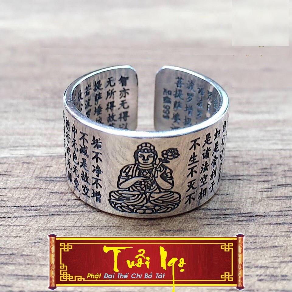 Nhẫn bạc nam bát nhã tâm kinh , nhẫn bởi tại tâm khắc phật bản mệnh độ mệnh cho người tuổi Ngọ - Phật Đại thế Chí