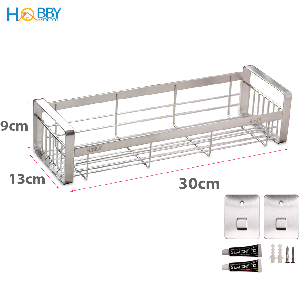 Kệ đựng gia vị Inox 304 HOBBY GV2 dán tường gạch men - 2 kích thước - kèm keo dán và miếng dán