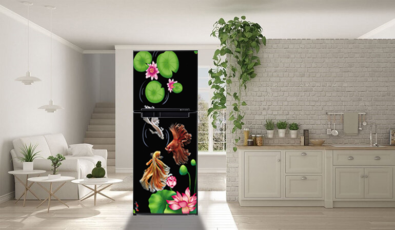Decal cao cấp chống thấm dán tủ lạnh - koi hoa sen