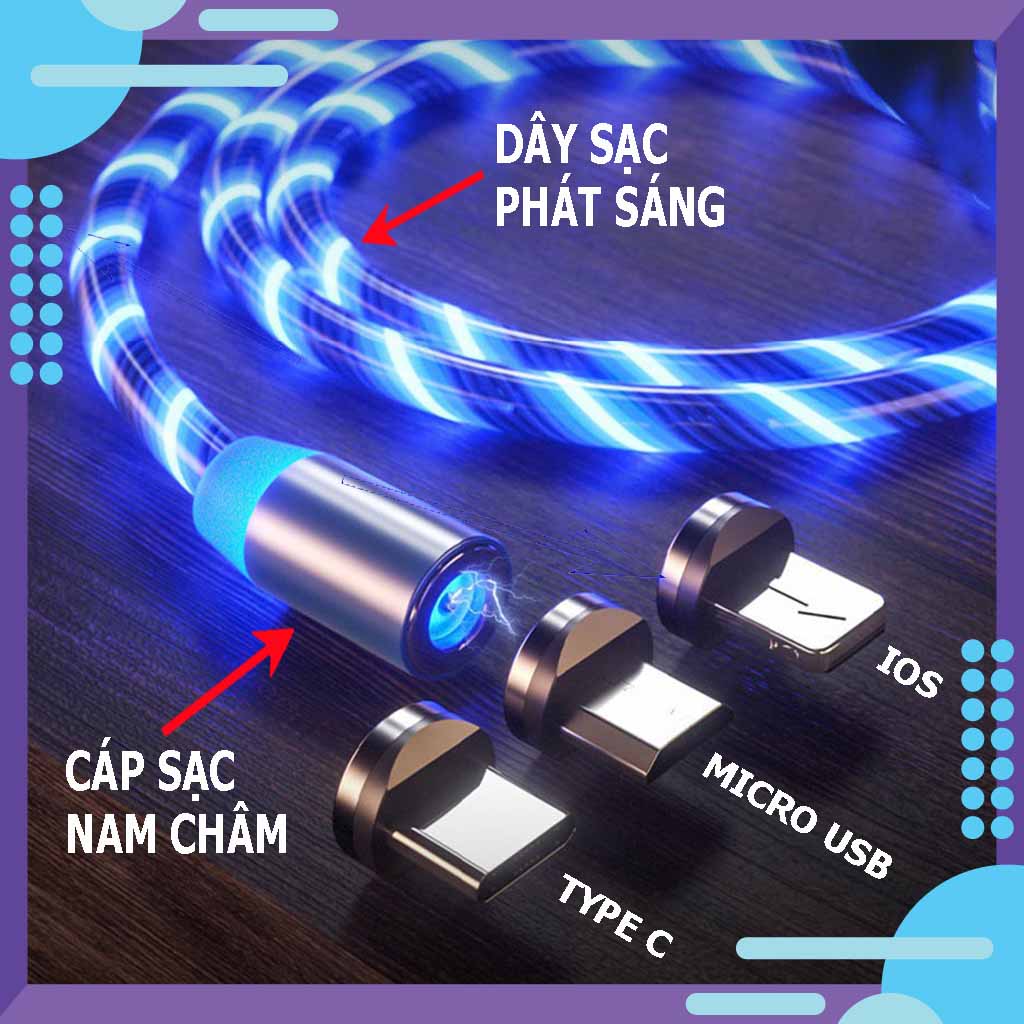 Cáp sạc từ tính hút nam châm dây 2M phát sáng 3 đầu Iphone, Micro usb , type c