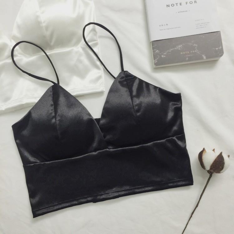 [HCM]Áo croptop hai dây cúp ngực đen vải phi bóng