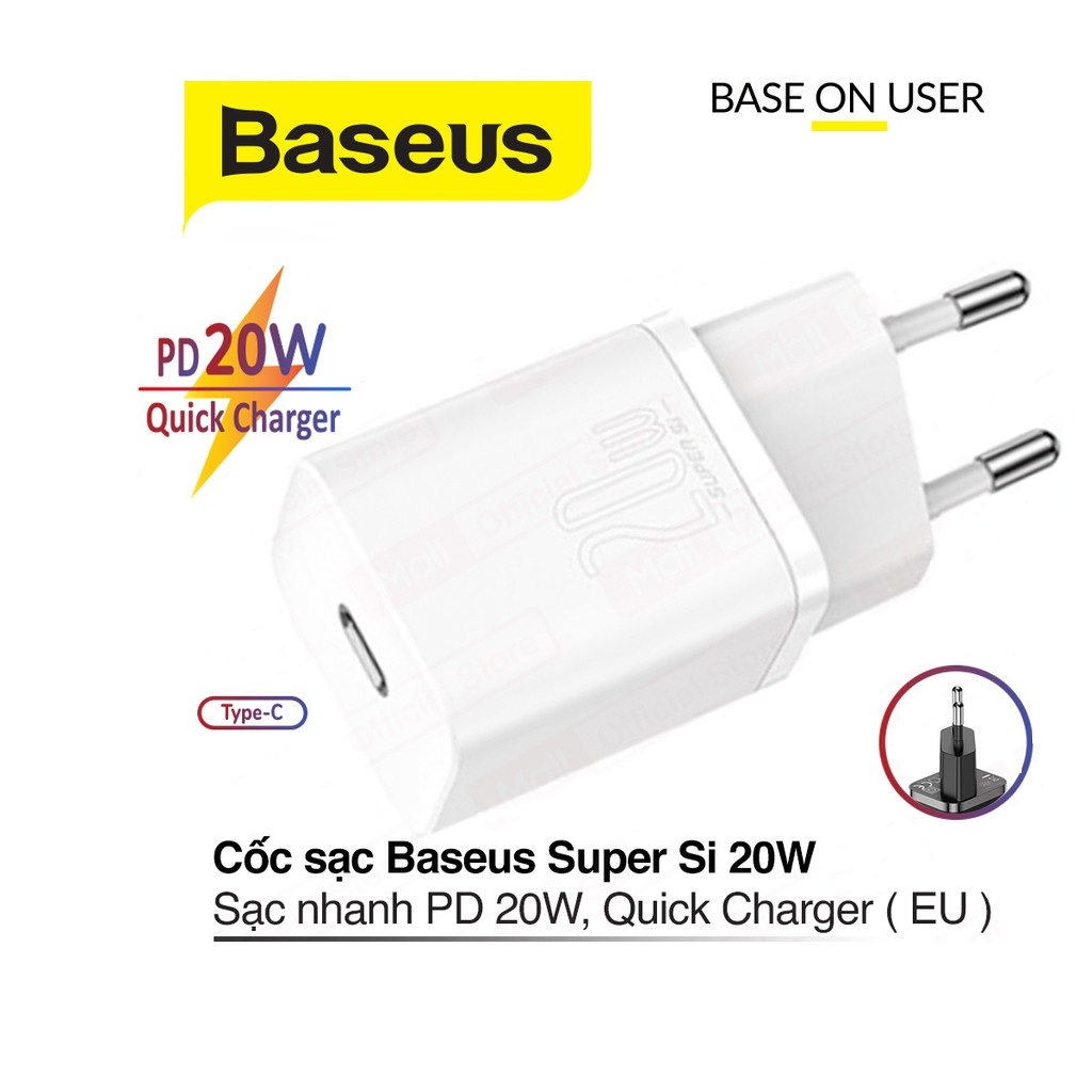 Củ sạc nhanh 20W Baseus Super Si Quick Charger chuôi tròn chất liệu cao cấp trang bị 1 cổng Type-C cho iPhone