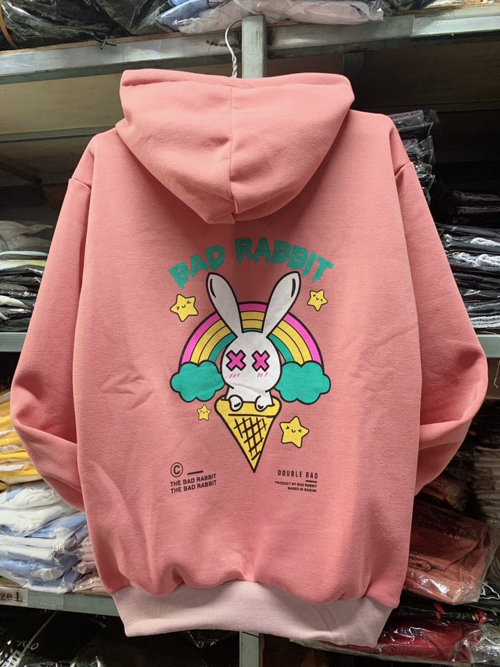Áo Khoác Hoodie Nữ Form Rộng - Chất Liệu Nỉ Ngoại - Thiết Kế Họa Tiết In Hoạt Hình BAD RABBIT