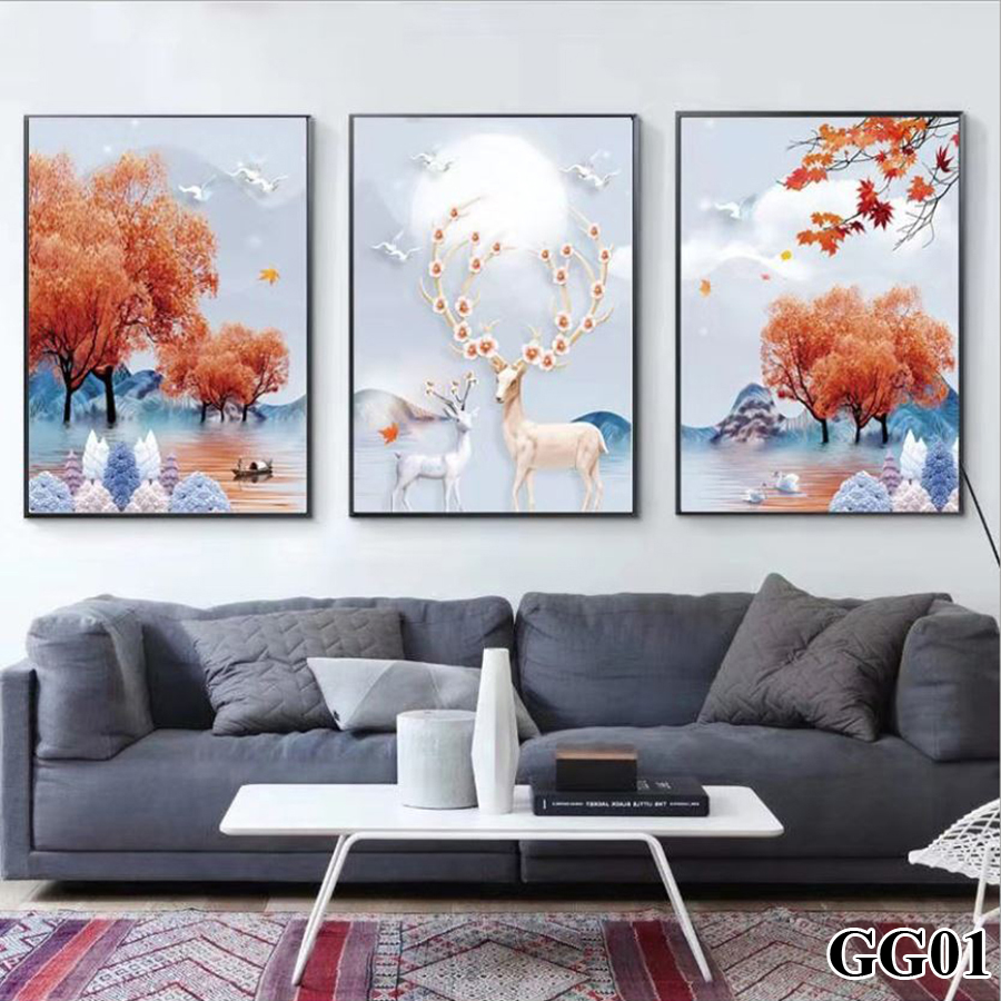 Tranh treo tường canvas 3 bức phong cách hiện đại Bắc Âu 01, tranh hươu tài lộc trang trí phòng khách, phòng ngủ, phòng ăn, spa