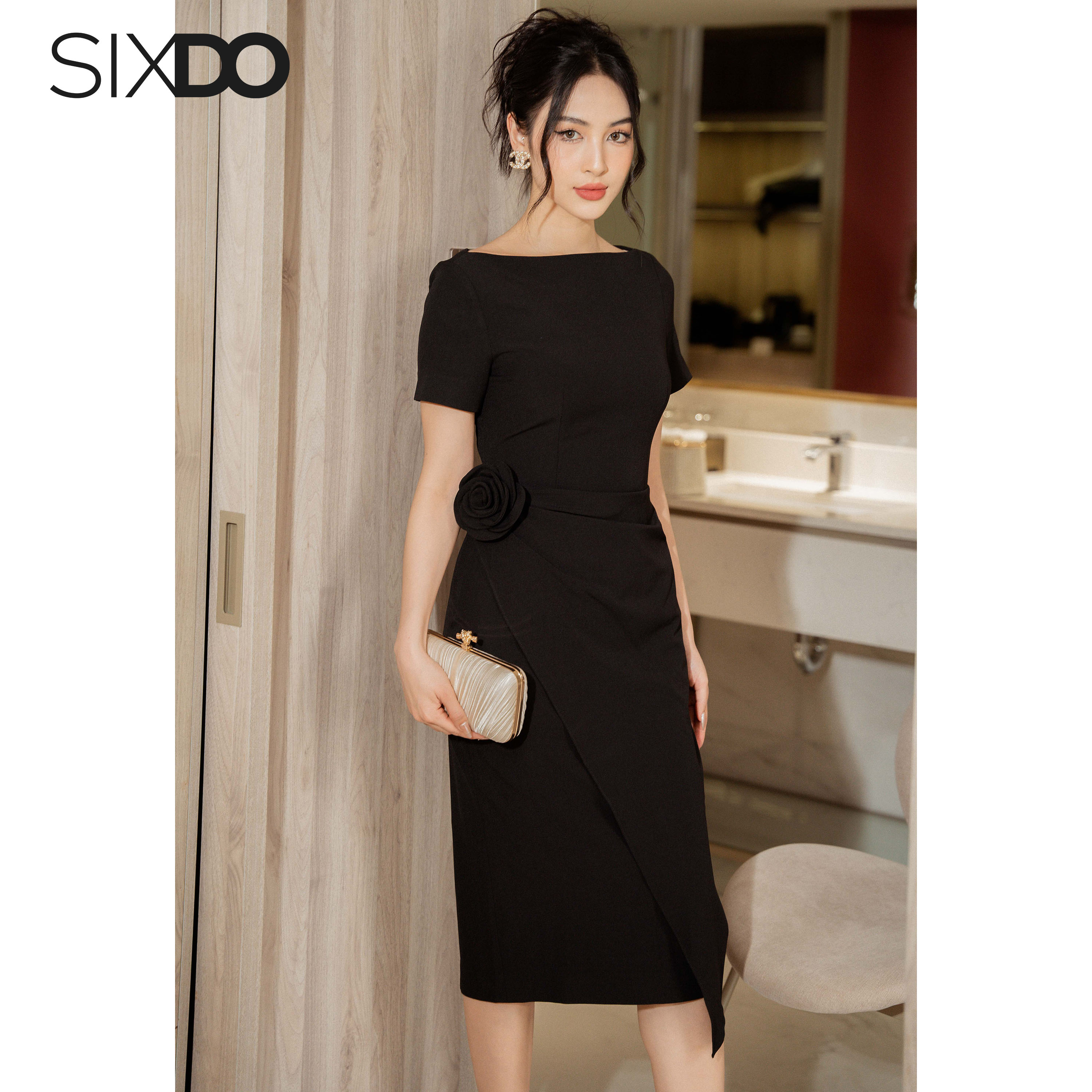 Đầm phối hoa vạt chéo thời trang SIXDO (Sabrina Collar Midi Woven Dress)