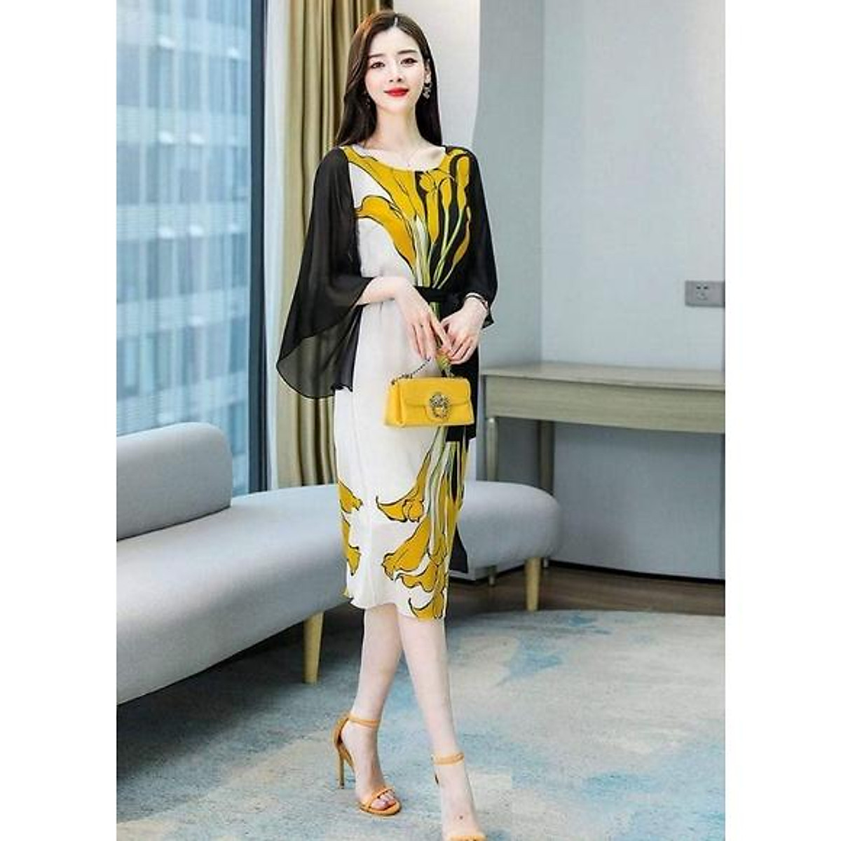 ĐẦM SUÔNG HOA RUM VÀNG THẮT NƠ EO