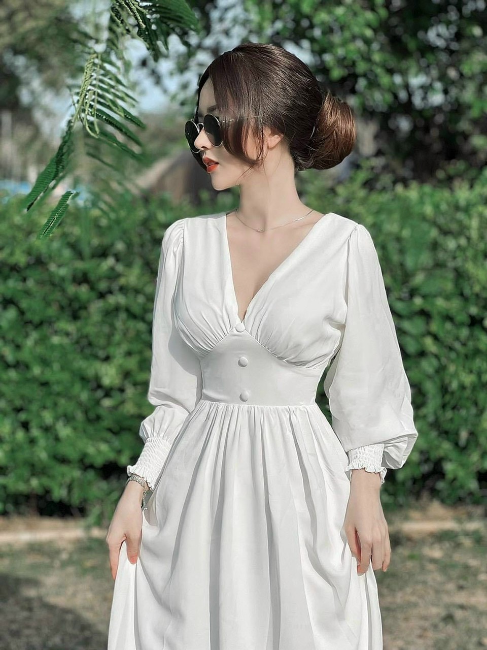 đầm maxi voan tay dài nút bọc có mút cao cấp