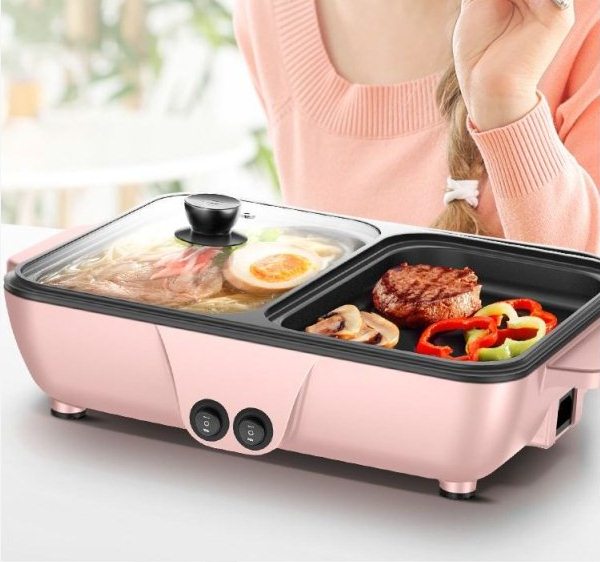 Bếp Điện Nồi Lẩu Nướng 2in1 Màu Hồng Hàn Quốc Siêu Chống Dính Đa Năng Cao Cấp Chiên Nấu 2 Ngăn, có 2 mức nhiệt độ thấp cao siêu tiện lợi,bảo hành 12 tháng Mega Big 5.0