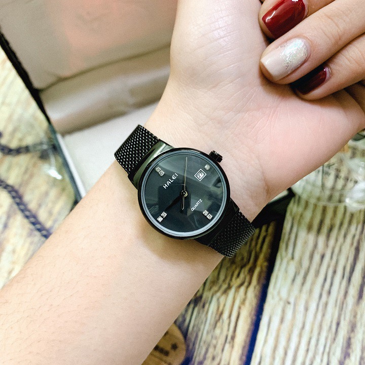 Đồng hồ cặp đôi nam, nữ dây thép lụa Halei Full Black