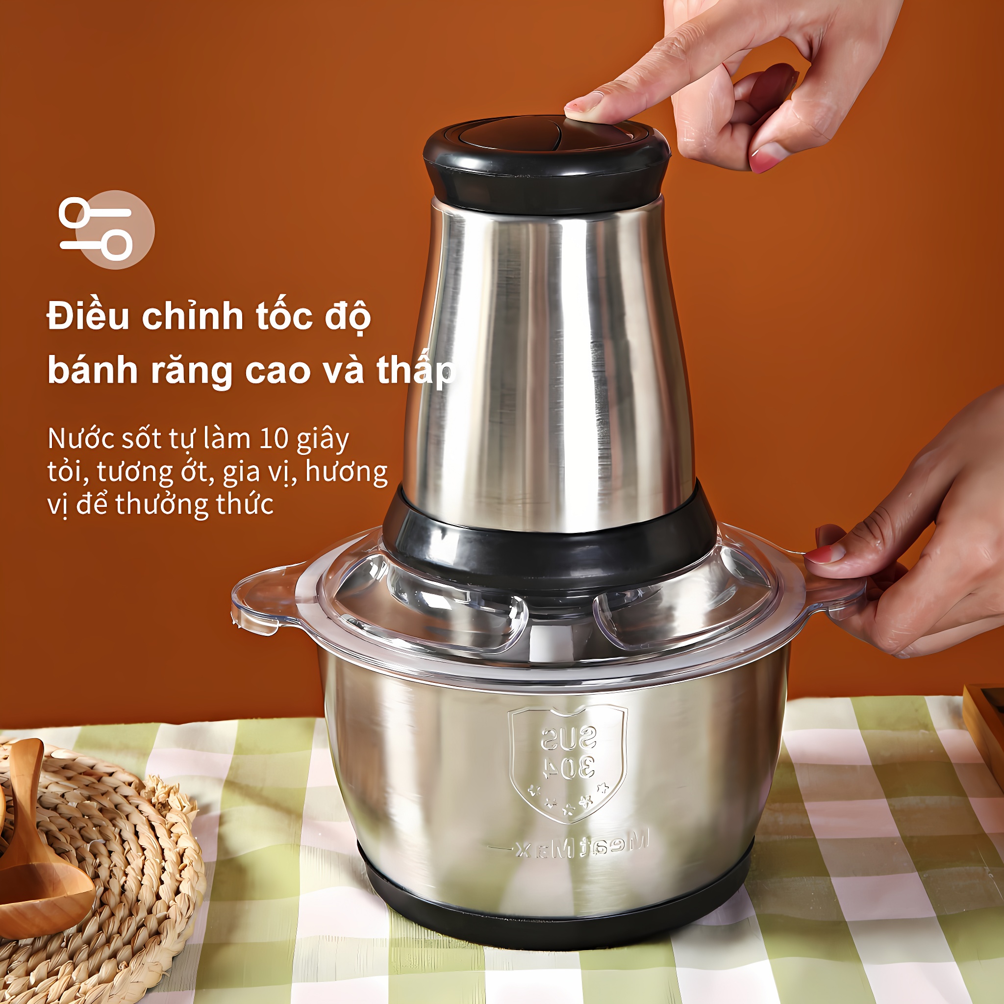 Máy xay thịt, máy xay đa năng cối 2l inox cầm tay, 2 chế độ, 4 lưỡi dao siêu bền