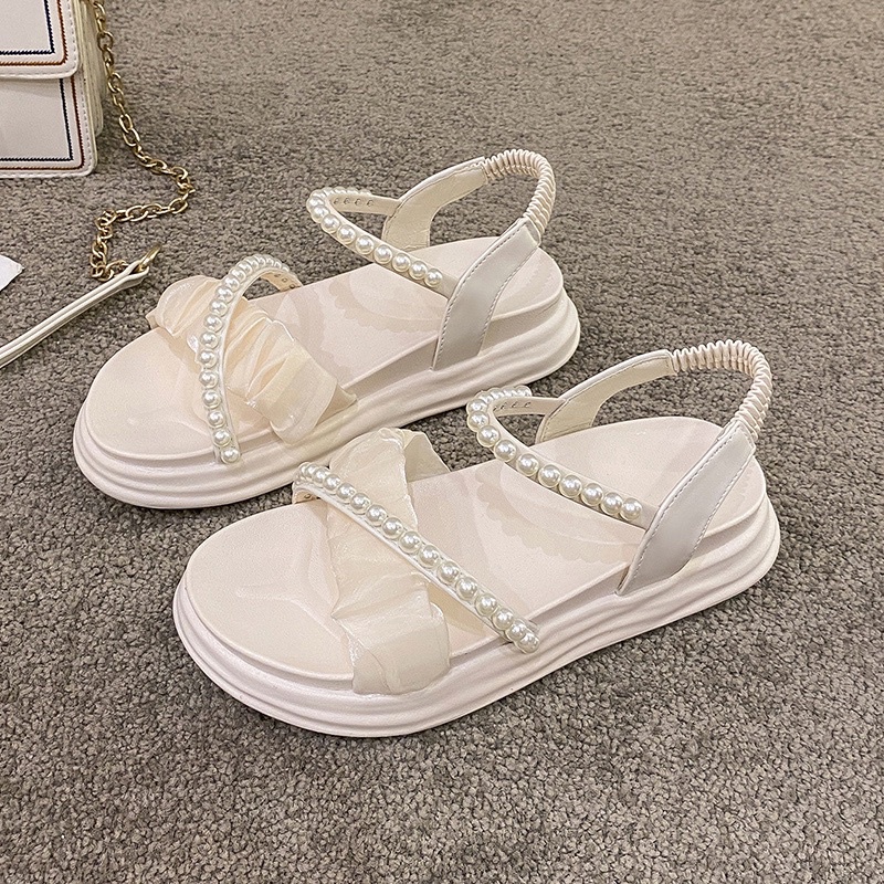 Sandal Nữ Quai Ngọc Phối Ren, dép sandal đi học xinh xắn