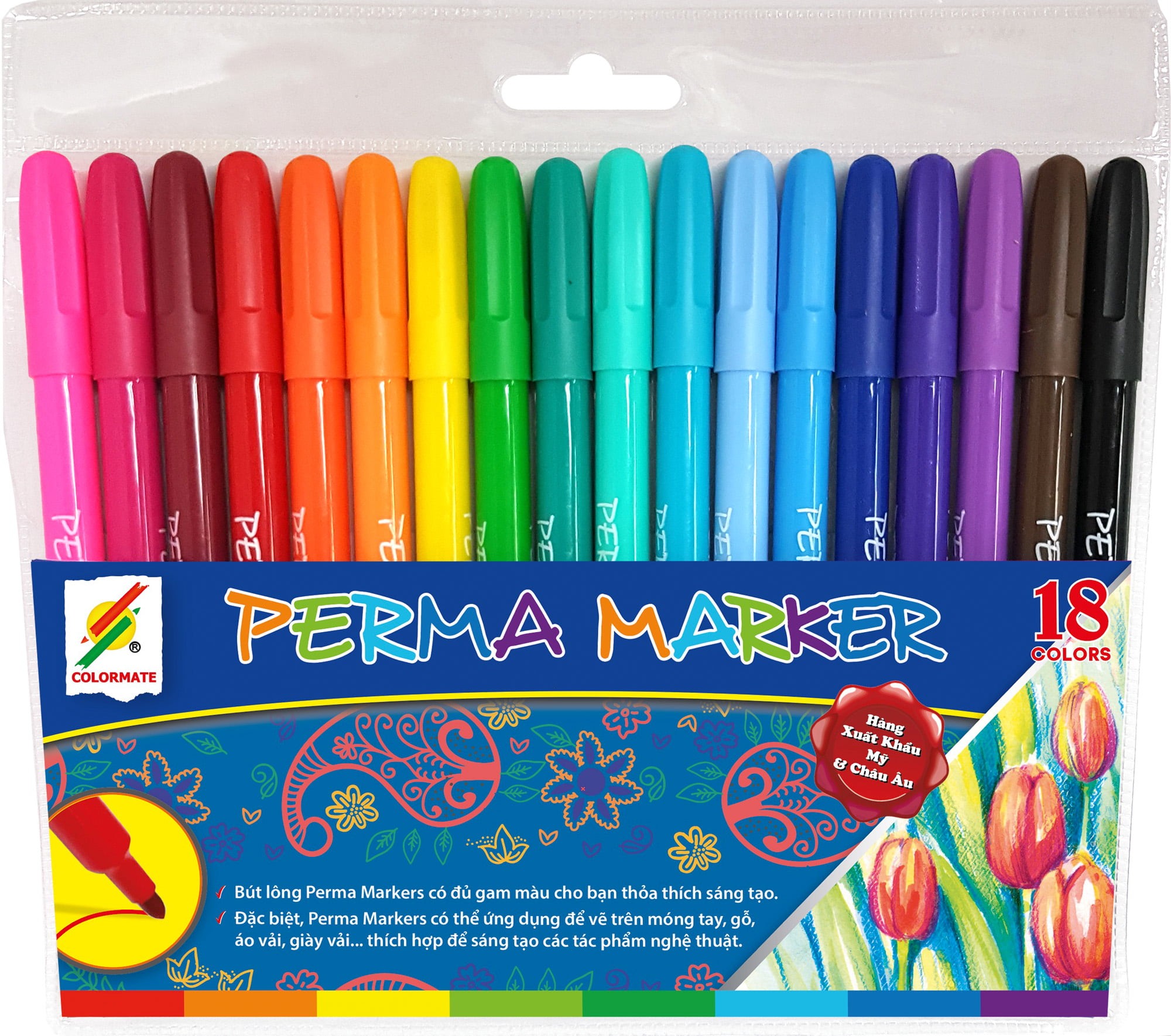 Bút lông Perma Markers: Điều đặc biệt về bút lông Perma Markers là bạn có thể vẽ trên bất kỳ chất liệu nào, với màu sắc đa dạng và khả năng chống thấm tuyệt hảo. Chúng được sử dụng rộng rãi trong việc tạo ra những tác phẩm nghệ thuật đẹp mắt, đặc biệt trên các bề mặt khó vẽ như da, thép, kim loại và gỗ.