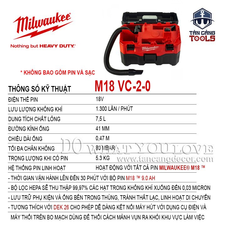 Máy Hút Bụi Khô / Ướt Milwaukee M18 VC-2-0 ( Thân Máy )