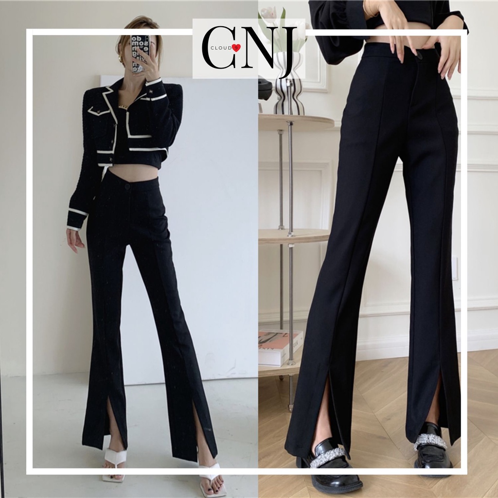 Quần ống loe xẻ gấu trước cạp cao tôn dáng màu đen - Quần tây ống loe lưng cao xẻ tà ống vẩy thiết kế trẻ trung cá tính