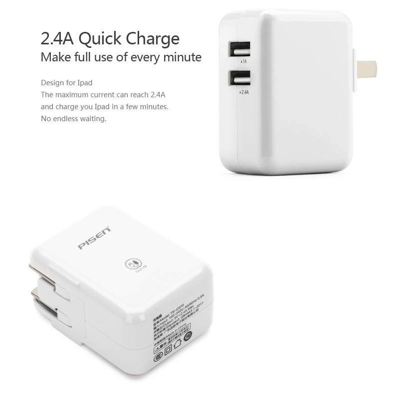 Cốc sạc 2 cổng Pisen TS-C070 tích hợp 1 USB 1A và 1 USB 2.4A - thiết kế chân gập tiện lợi (Trắng) Nhất Tín Computer