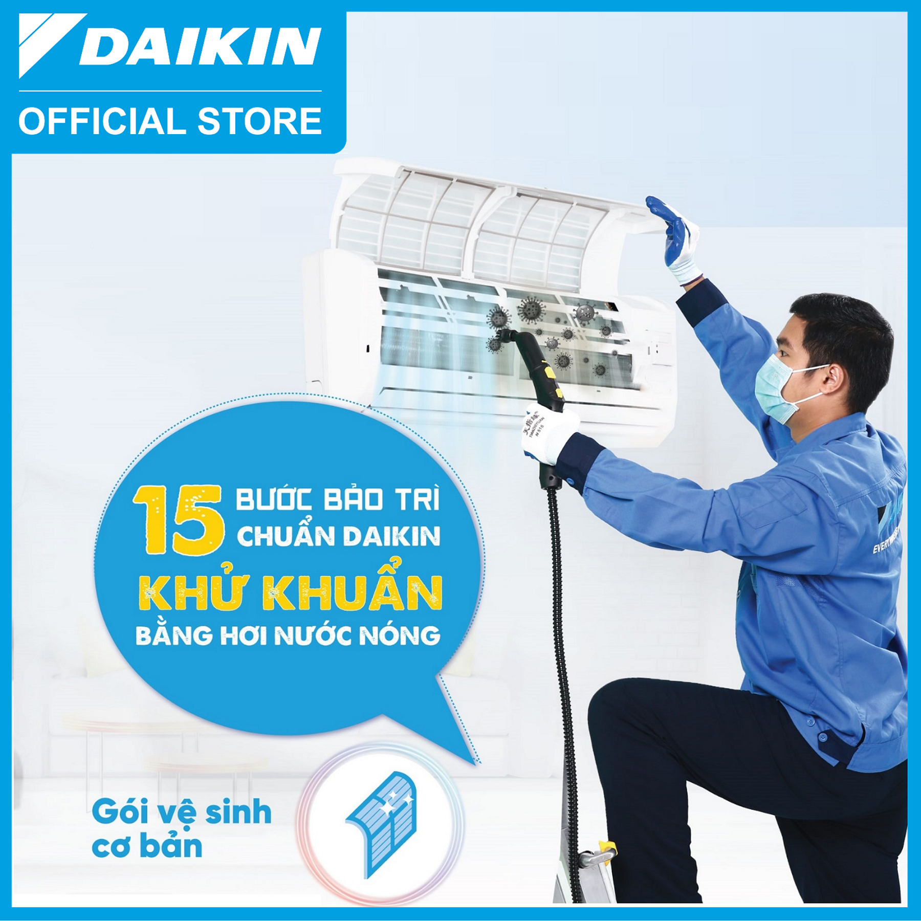 [Áp dụng tất cả các hãng] Daikin - E-voucher dịch vụ bảo trì tiêu chuẩn khử khuẩn bằng hơi nước nóng cho 1 máy điều hòa treo tường (HSD: 31/03/2024)