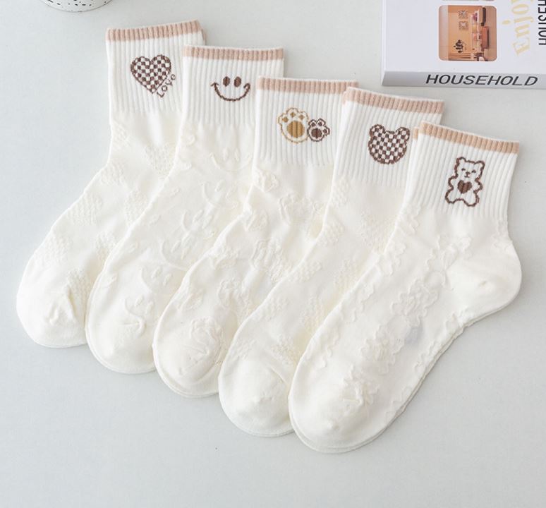 Set 5 Đôi Tất Vớ Nữ Cao Cổ Mix Gấu Caro