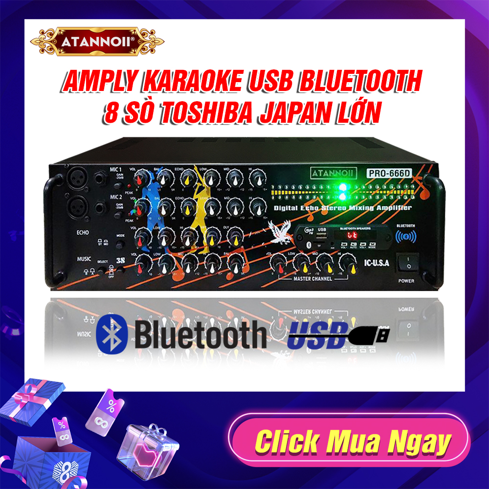 [ Xả Kho ] Amply Đèn nháy cực đẹp - Ampli Bluetooth karaoke, Amply nghe nhạc gia đình ATANNOII PRO- 666D kết nối Bluetooth Usb Thẻ nhớ - Tặng dây AV và 2 chống lăn micro.